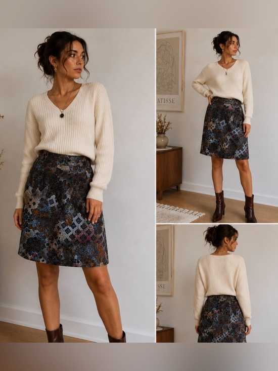 Vintage Dresses & Skirts - Vintage Floral Patterned Skirt Multicolor autumnal patchwork jacquard sz 42